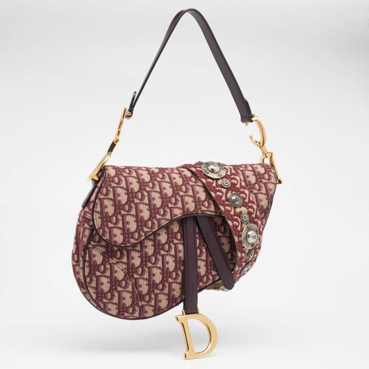 Pre Owned Dior Burgundy Oblique Canvas And Leather Saddle Shoulder Bag