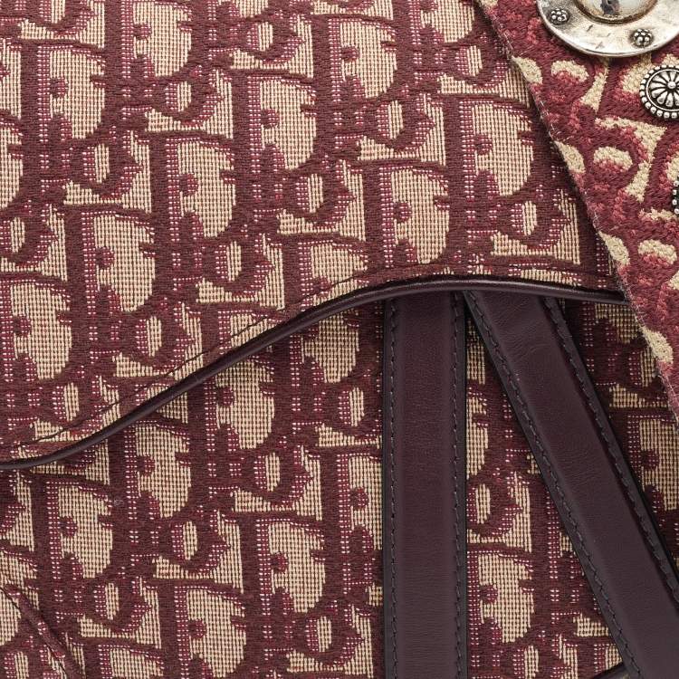 Pre Owned Dior Burgundy Oblique Canvas And Leather Saddle Shoulder Bag