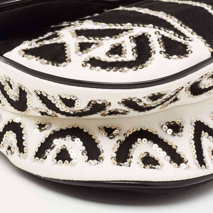 Pre Owned Dior Black/White Fabric and Sequins Saddle Bag