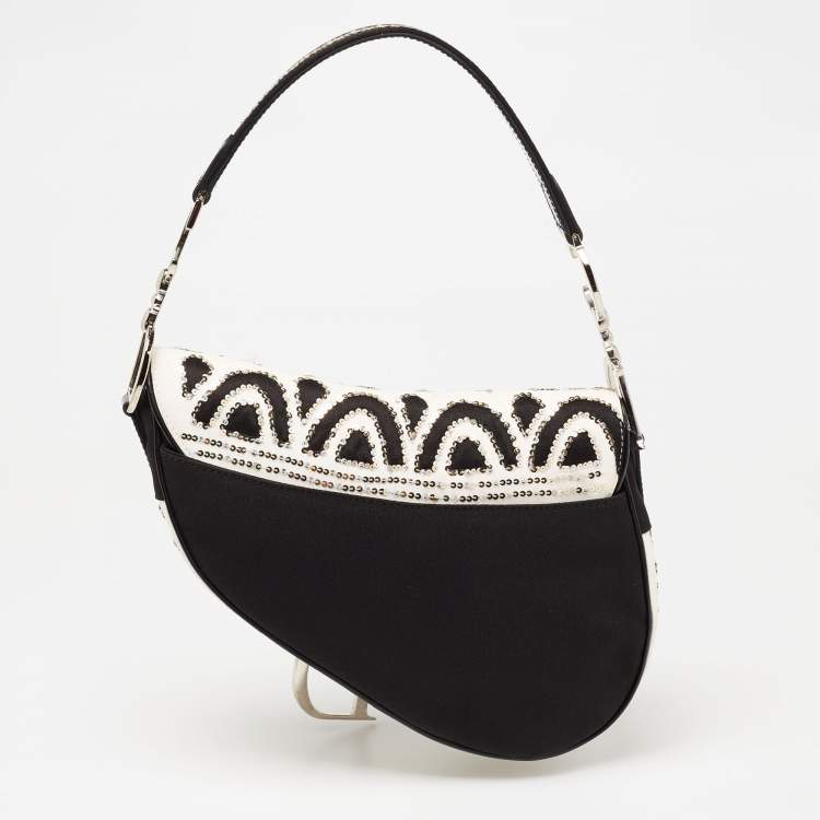 Pre Owned Dior Black/White Fabric and Sequins Saddle Bag