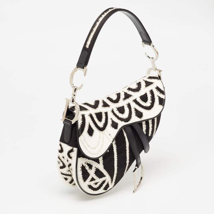 Pre Owned Dior Black/White Fabric and Sequins Saddle Bag
