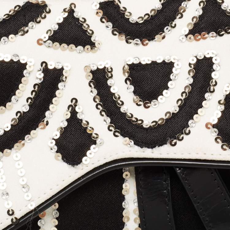 Pre Owned Dior Black/White Fabric and Sequins Saddle Bag