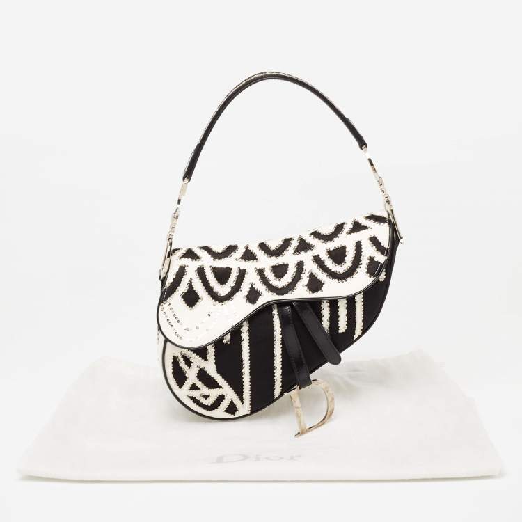 Pre Owned Dior Black/White Fabric and Sequins Saddle Bag