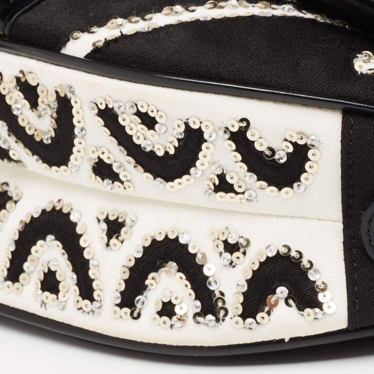 Pre Owned Dior Black/White Fabric and Sequins Saddle Bag