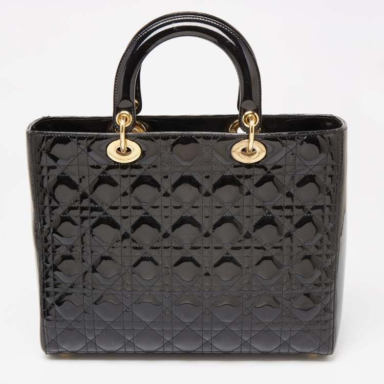 Pre Owned Dior Black Cannage Patent Leather Large Lady Dior Tote