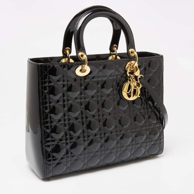 Pre Owned Dior Black Cannage Patent Leather Large Lady Dior Tote