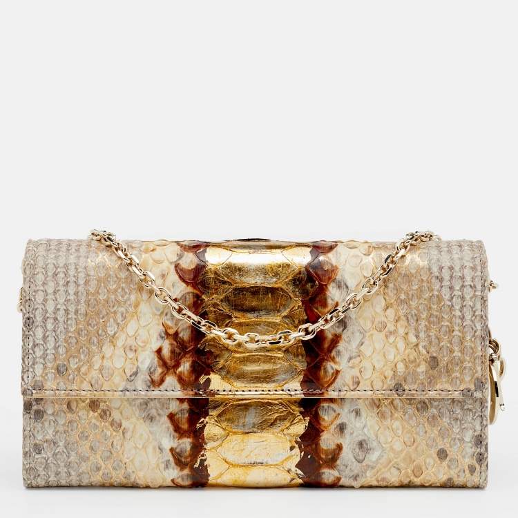 Pre Owned Dior Beige Python and Leather Lady Dior Wallet On Chain