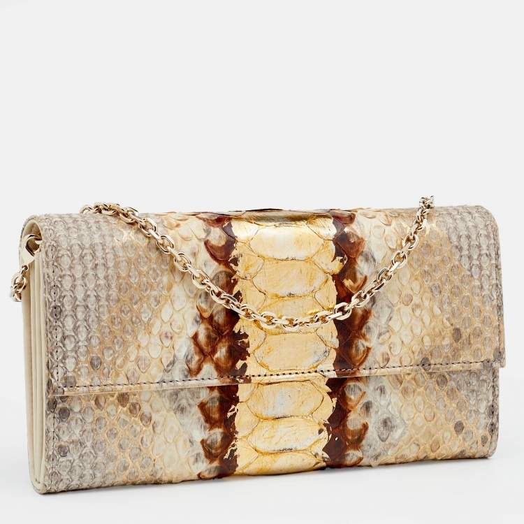 Pre Owned Dior Beige Python and Leather Lady Dior Wallet On Chain