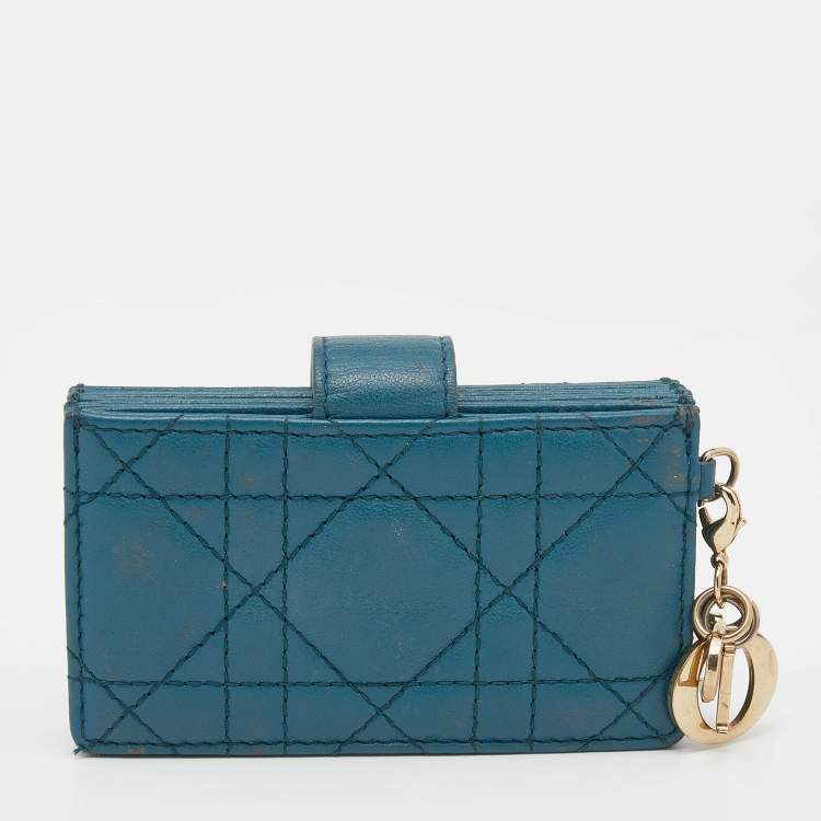 Pre Owned Dior Teal Blue Cannage Leather Lady Dior 5 Gusset Card Holder