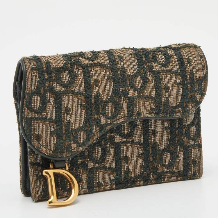 Pre Owned Dior Green/Beige Oblique Canvas Saddle Wallet