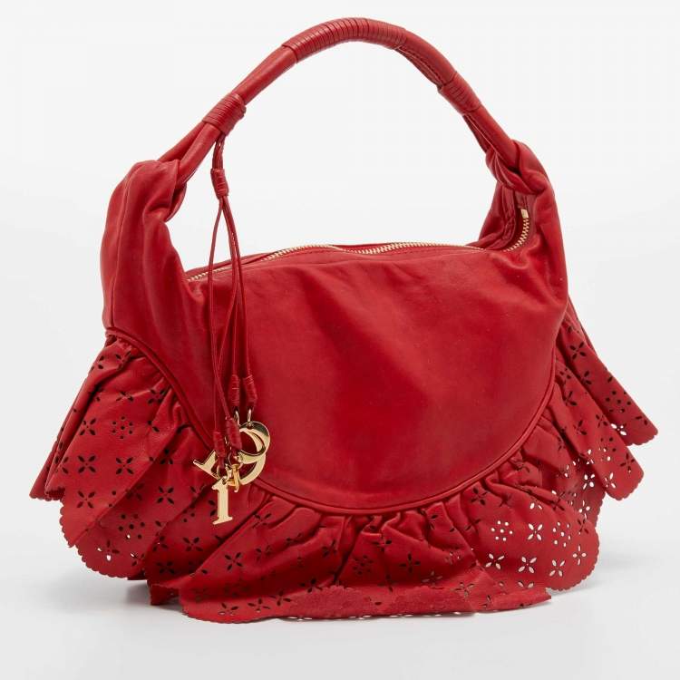Pre Owned Dior Red Leather Small Gypsy Ruffle Hobo