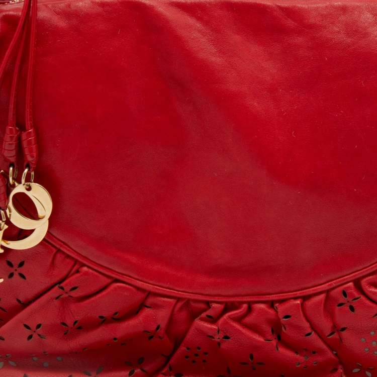 Pre Owned Dior Red Leather Small Gypsy Ruffle Hobo