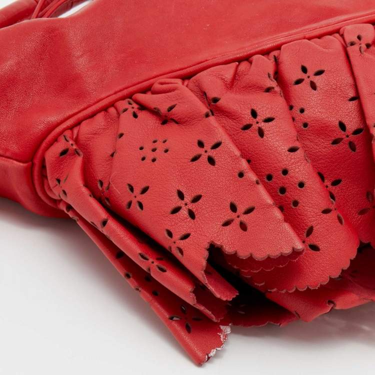 Pre Owned Dior Red Leather Small Gypsy Ruffle Hobo