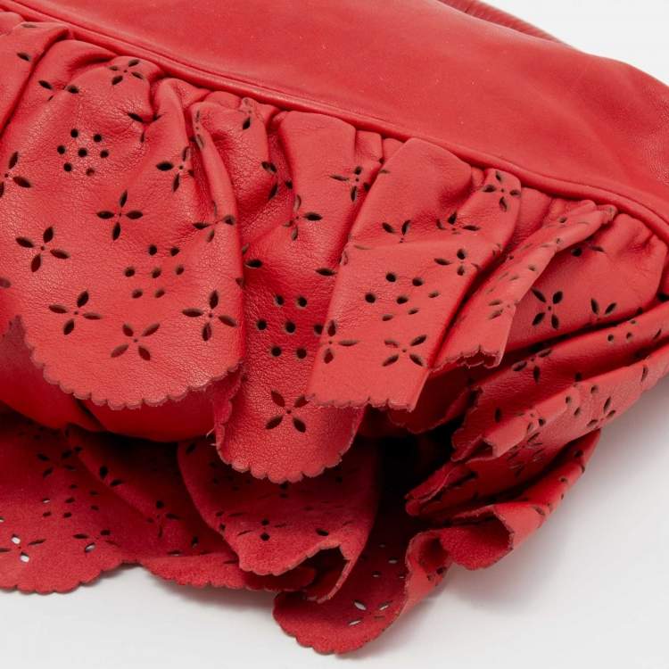 Pre Owned Dior Red Leather Small Gypsy Ruffle Hobo