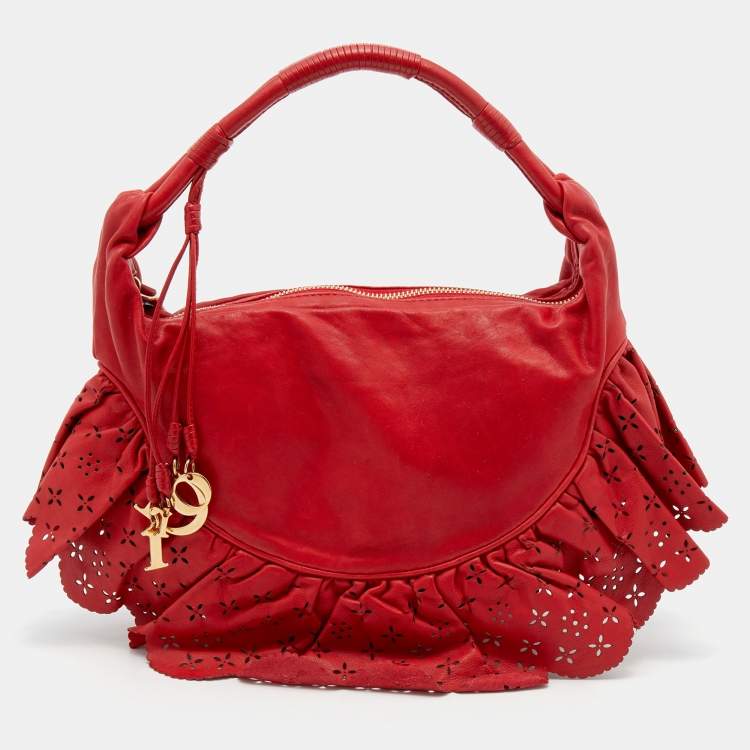 Pre Owned Dior Red Leather Small Gypsy Ruffle Hobo