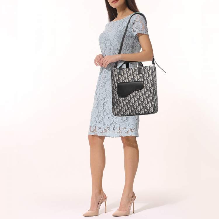 Pre Owned Dior Black Oblique Canvas and Leather Saddle Tote 