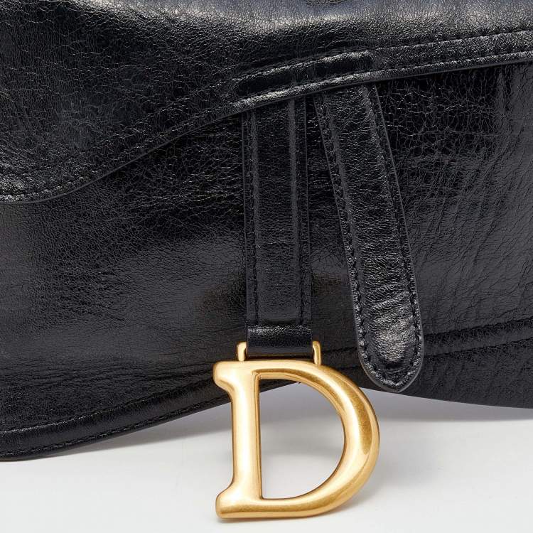 Pre Owned Dior Black Crinkled Leather Saddle Waist Belt Bag