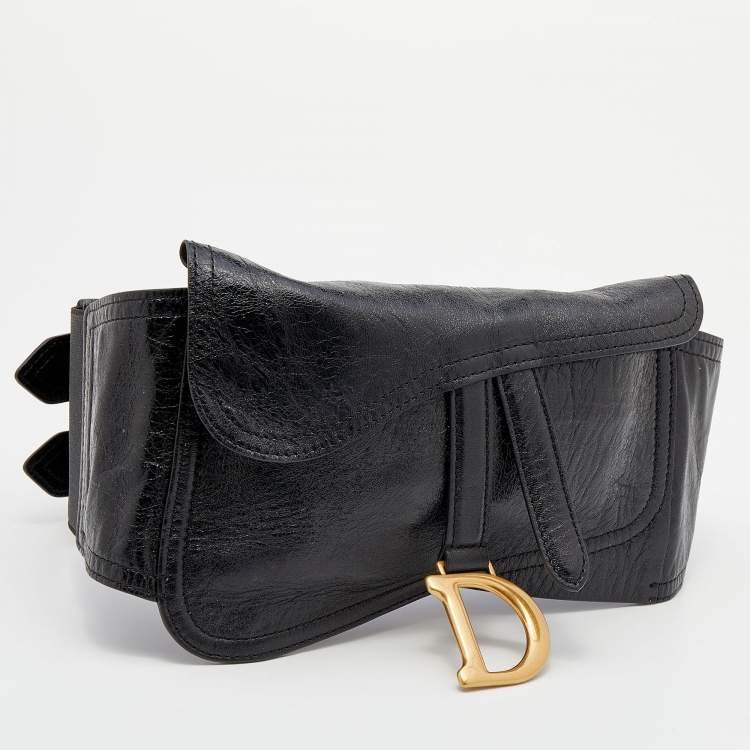 Pre Owned Dior Black Crinkled Leather Saddle Waist Belt Bag