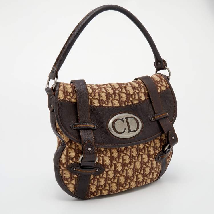 Pre Owned Dior Beige/Brown Oblique Canvas And Leather Vintage Trotter Hobo