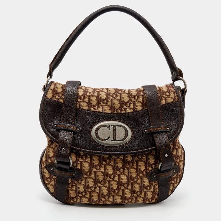 Pre Owned Dior Beige/Brown Oblique Canvas And Leather Vintage Trotter Hobo