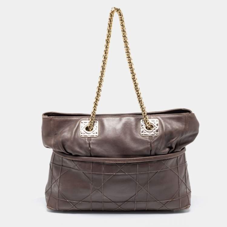 Pre Owned Dior Dark Beige Cannage Leather Granville Chain Link Tote