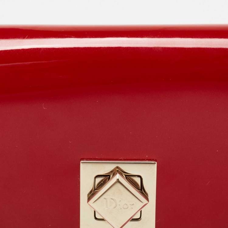 Pre Owned Dior Red Patent Leather Turnlock Trifold Compact Wallet