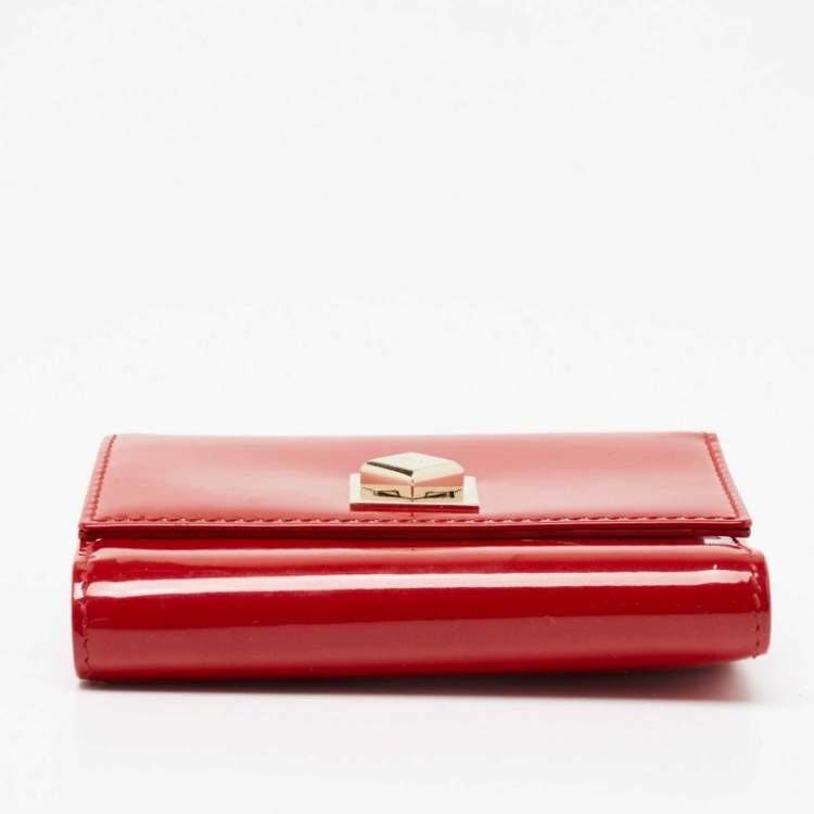 Pre Owned Dior Red Patent Leather Turnlock Trifold Compact Wallet