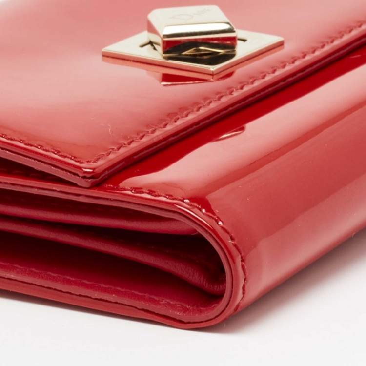 Pre Owned Dior Red Patent Leather Turnlock Trifold Compact Wallet
