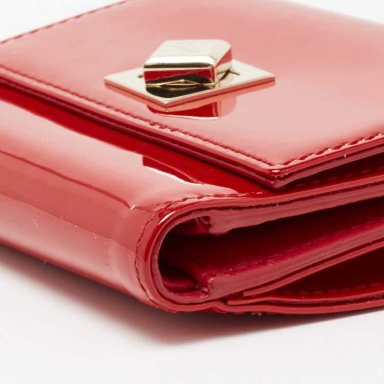 Pre Owned Dior Red Patent Leather Turnlock Trifold Compact Wallet