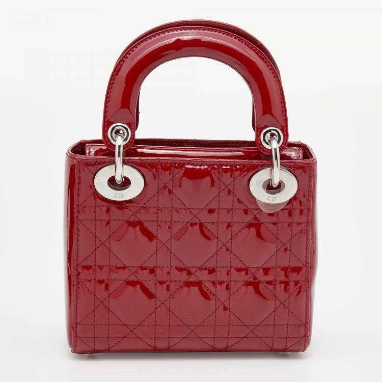 Pre Owned Dior Red Cannage Patent Leather Mini Lady Dior Tote 