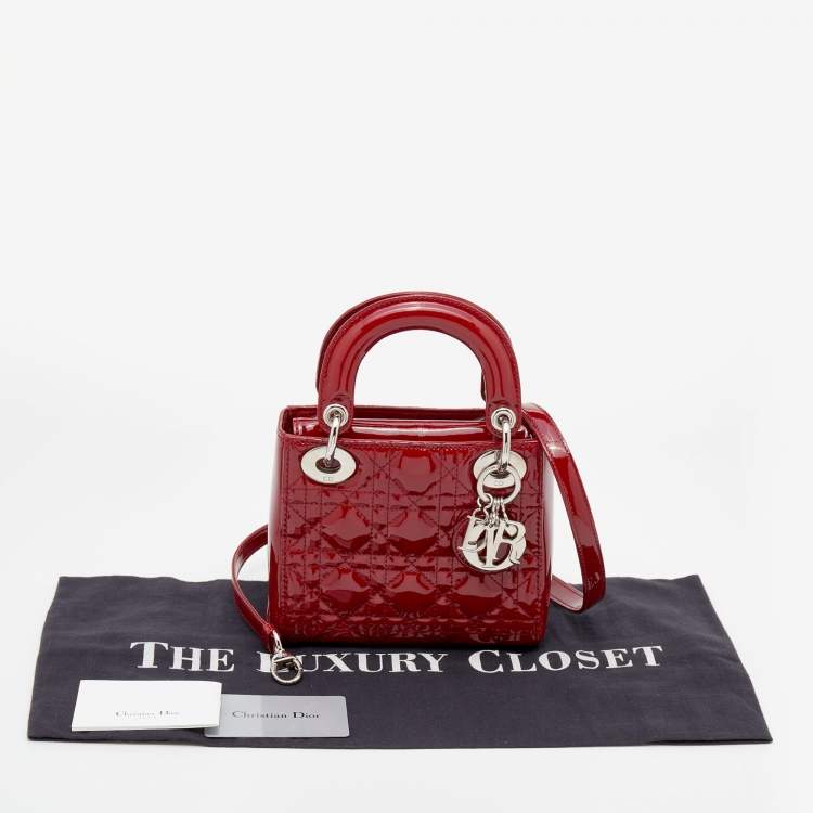Pre Owned Dior Red Cannage Patent Leather Mini Lady Dior Tote 
