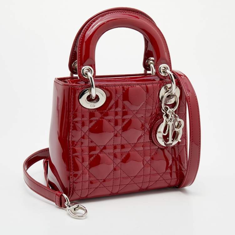 Pre Owned Dior Red Cannage Patent Leather Mini Lady Dior Tote 