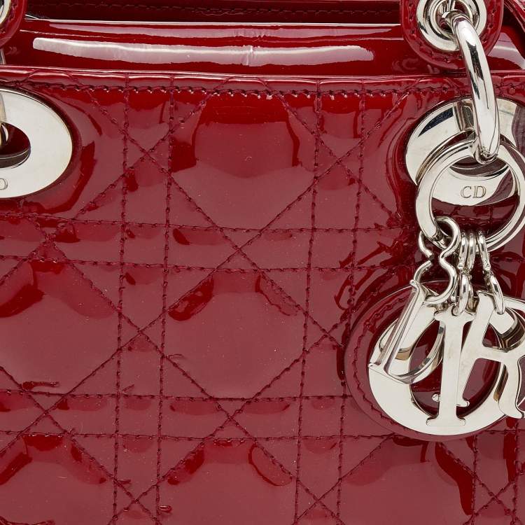 Pre Owned Dior Red Cannage Patent Leather Mini Lady Dior Tote 