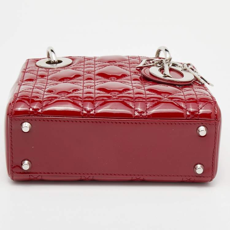 Pre Owned Dior Red Cannage Patent Leather Mini Lady Dior Tote 