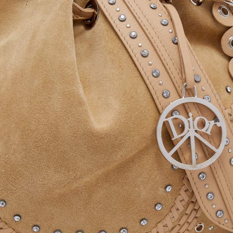 Pre Owned Dior Beige Suede Embellished Bucket Bag