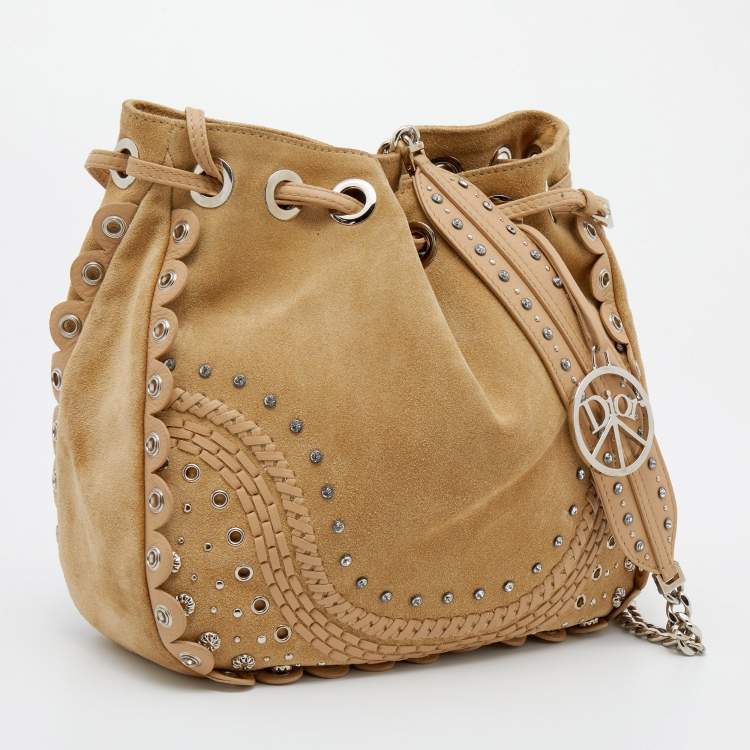 Pre Owned Dior Beige Suede Embellished Bucket Bag