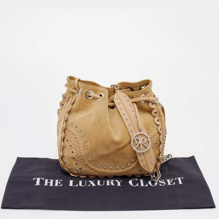 Pre Owned Dior Beige Suede Embellished Bucket Bag