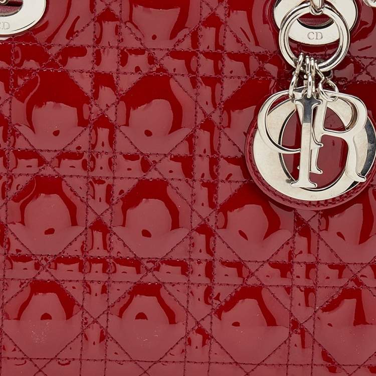 Pre Owned Dior Red Cannage Patent Leather Medium Lady Dior Tote