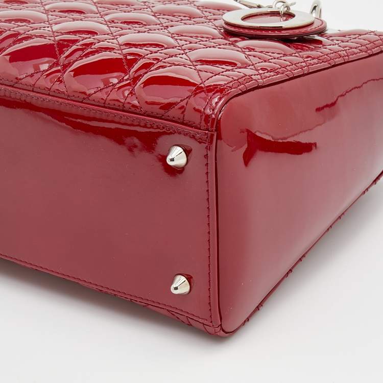 Pre Owned Dior Red Cannage Patent Leather Medium Lady Dior Tote
