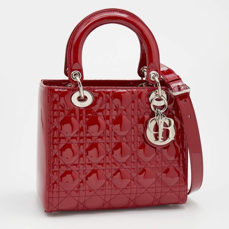 Pre Owned Dior Red Cannage Patent Leather Medium Lady Dior Tote