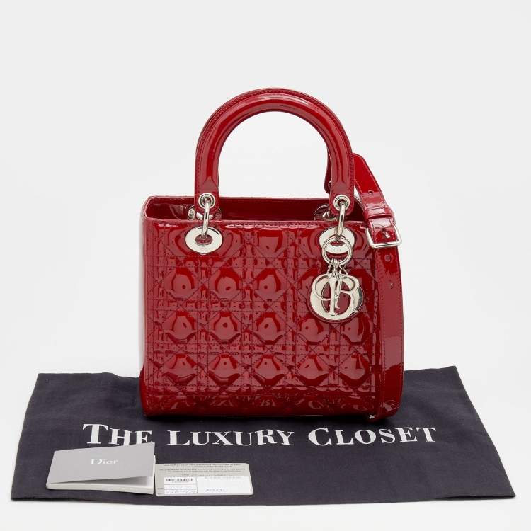 Pre Owned Dior Red Cannage Patent Leather Medium Lady Dior Tote