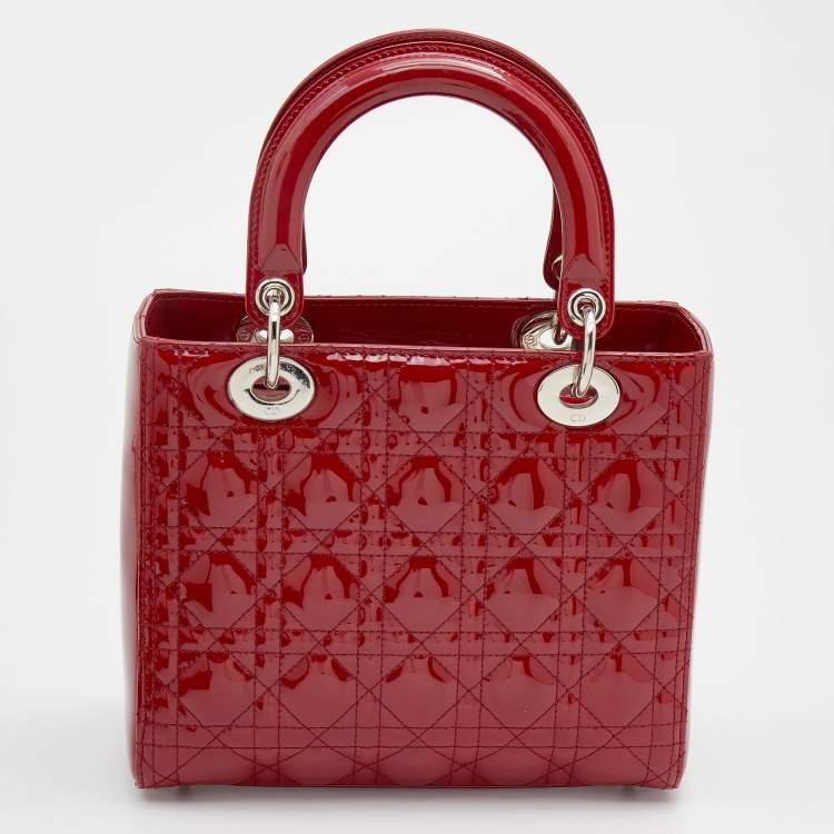 Pre Owned Dior Red Cannage Patent Leather Medium Lady Dior Tote