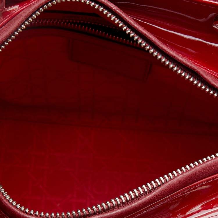 Pre Owned Dior Red Cannage Patent Leather Medium Lady Dior Tote