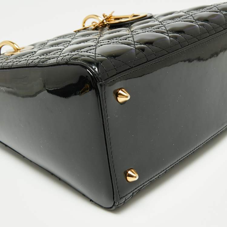 Pre Owned Dior Black Cannage Patent Leather Medium Lady Dior Tote