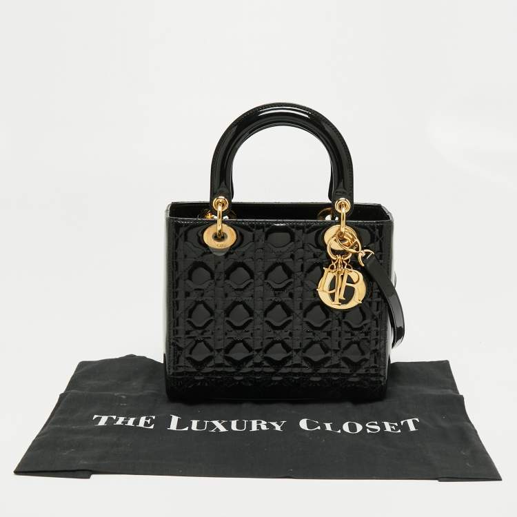 Pre Owned Dior Black Cannage Patent Leather Medium Lady Dior Tote