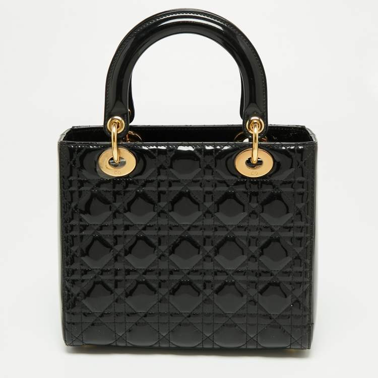 Pre Owned Dior Black Cannage Patent Leather Medium Lady Dior Tote