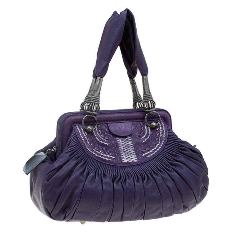 Pre Owned Dior Purple Pleated Leather Plisse Satchel