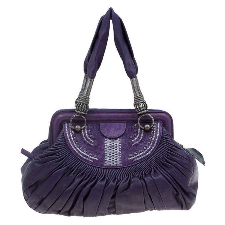 Pre Owned Dior Purple Pleated Leather Plisse Satchel
