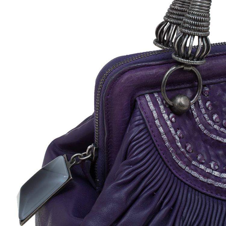 Pre Owned Dior Purple Pleated Leather Plisse Satchel