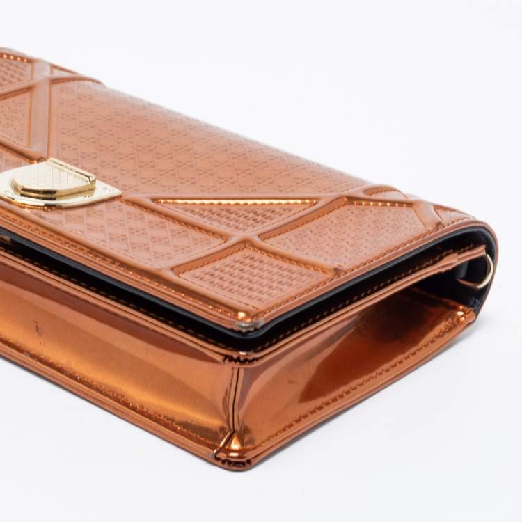 Pre Owned Dior Metallic Bronze Micro Cannage Patent Leather Diorama Wallet on Chain 